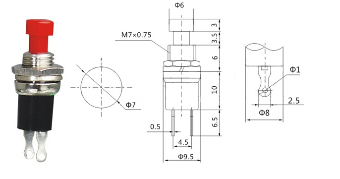 PBS-10B IP40 7mm AC 3A 125V 1A 250V PUSH-ON Red Momentary Push Button Switch