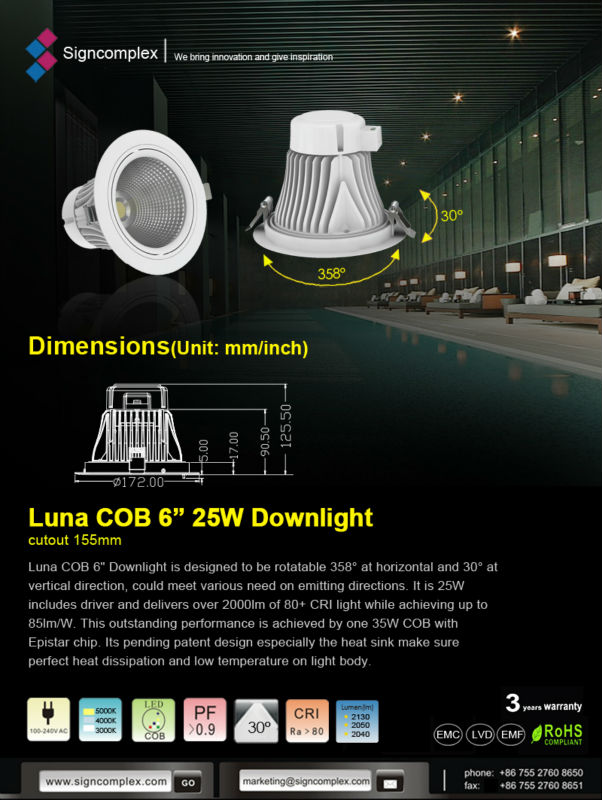 Luna COB downlight 120lm/W 35W