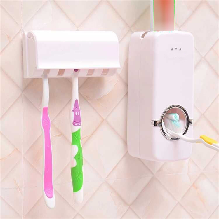 Convenient Wall Mount Toothbrush Holder Automatic Toothpaste Dispenser Bathroom Accessories Set