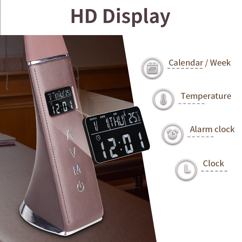 Leather style desk lamp 5w flexible neck lcd screen small reading table lamp with clock/alarm