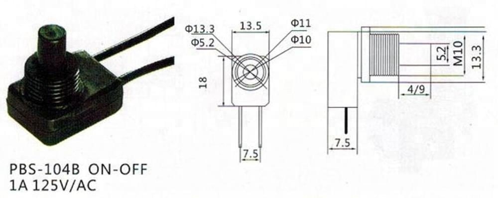 PBS-104B ON-OFF latching 2pin 1A 250VAC flashlight button switch with wire