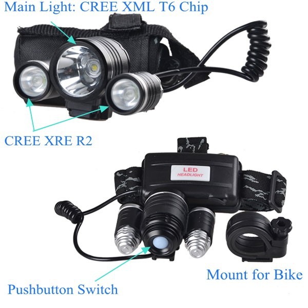 3 Chips Ultra Bright Aluminum Rechargeable Hunting Head Light