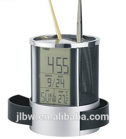 promotional items desktop pen holder clock with calendar