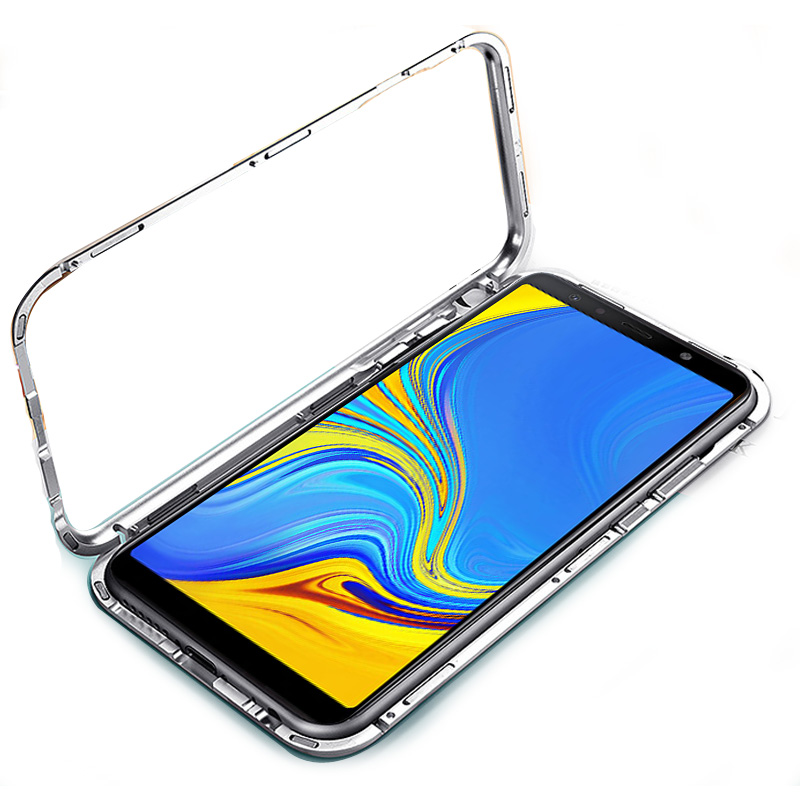 explosion Single-side Glass Magnetic cover For Samsung Galaxy J4 Plus Metal frame flip phone case