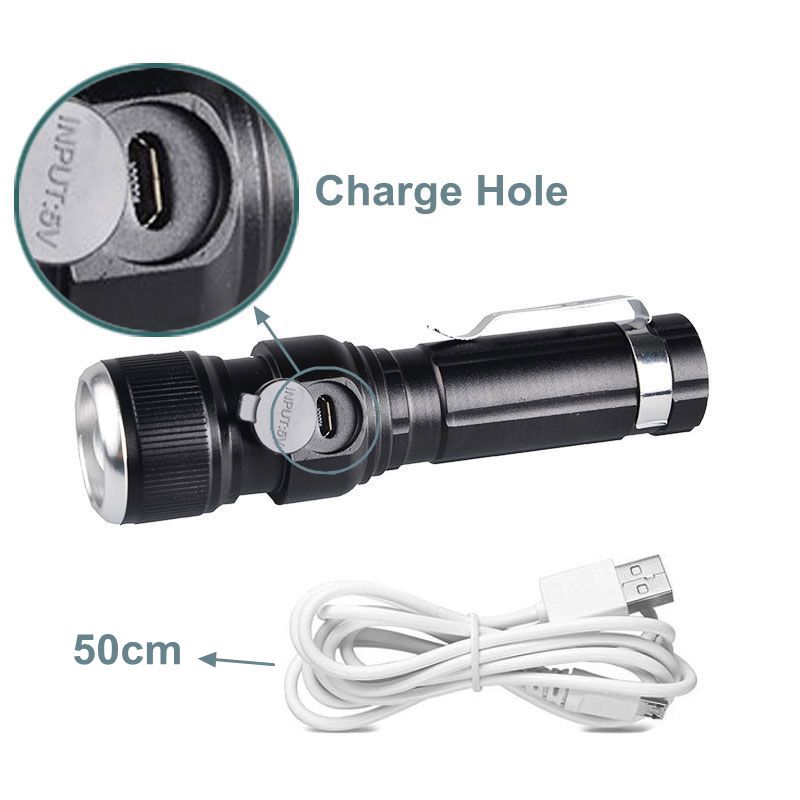 Aluminum Mini LED Torch Pocket Clip Police Tactical USB Flashlight