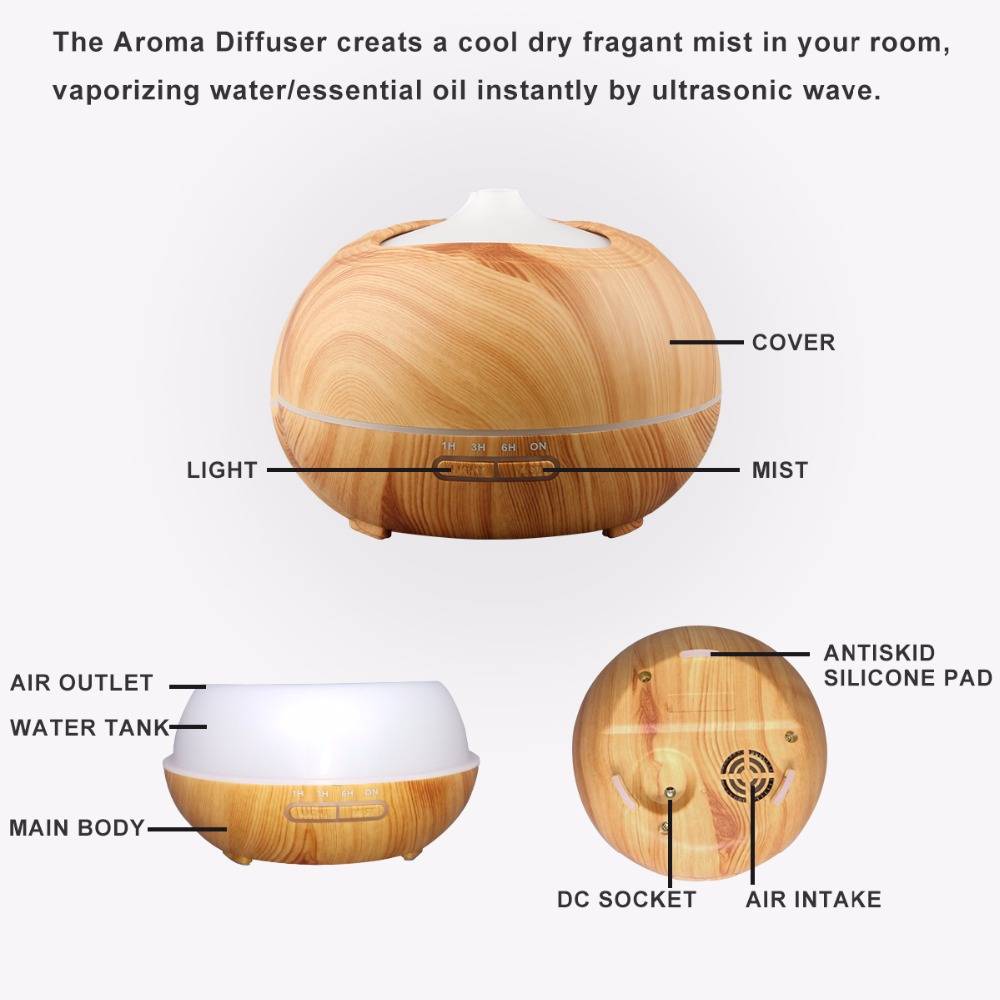 300ml Essential Oil Diffuser, Wood Grain Aromatherapy Diffuser, Ultrasonic Cool Mist Humidifier with Night Light & Auto Shut-off