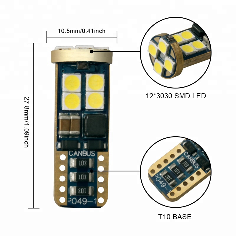 T10 12smd 3030 Canbus Auto Lamp 194 168 501 W5w  2.5w 6000-6500k Car Reading Light Led Bulb 9-30v