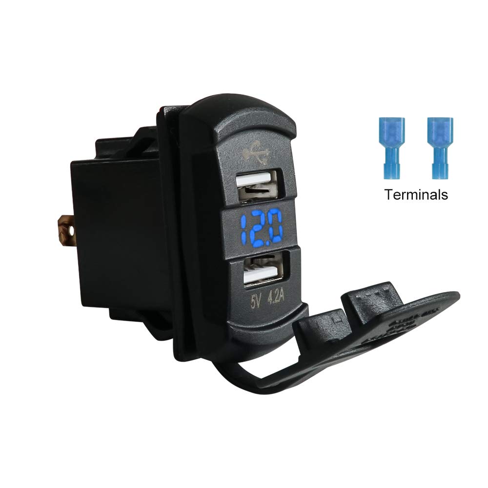 Waterproof Rocker Style 4.2A Dual USB Charger with 12-24V Voltmeter LED Light Digital Display Daul USB Car Charger