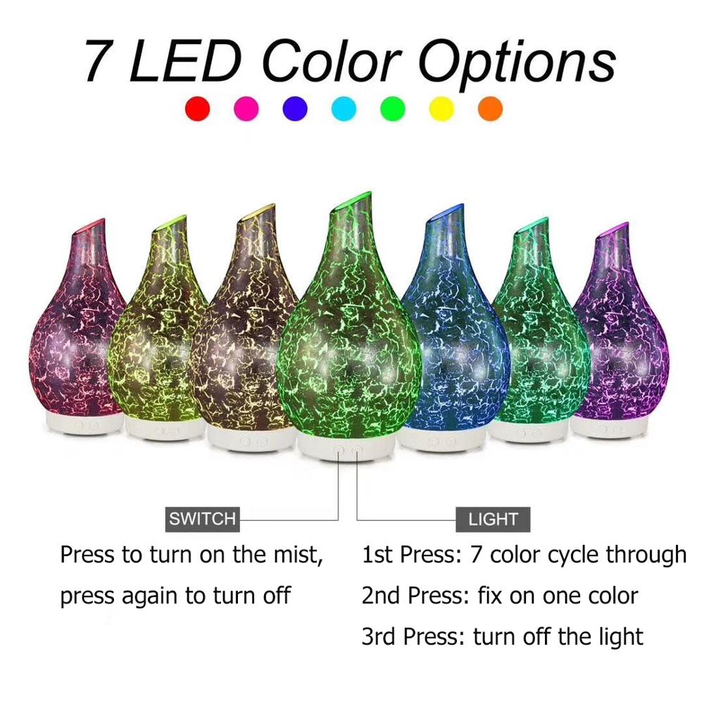 Crackle Mosaic Glass Essential Oil Diffuser Aromatherapy Humidifier 100ml House Appliance with 7-Color LED Light