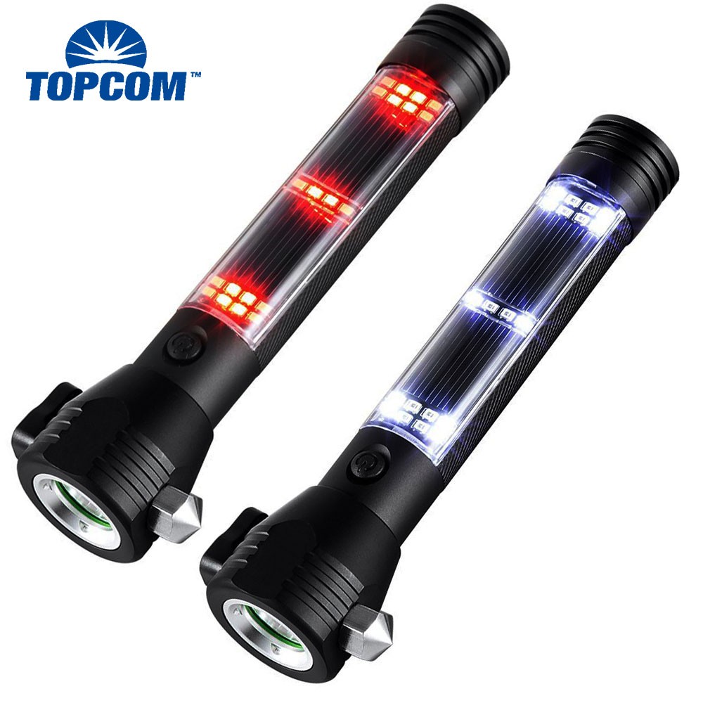 Multi Function LED Solar USB Rechargeable Flashlight Car Emergency Window Breaker Seatbelt Cutter Compass with Alarm