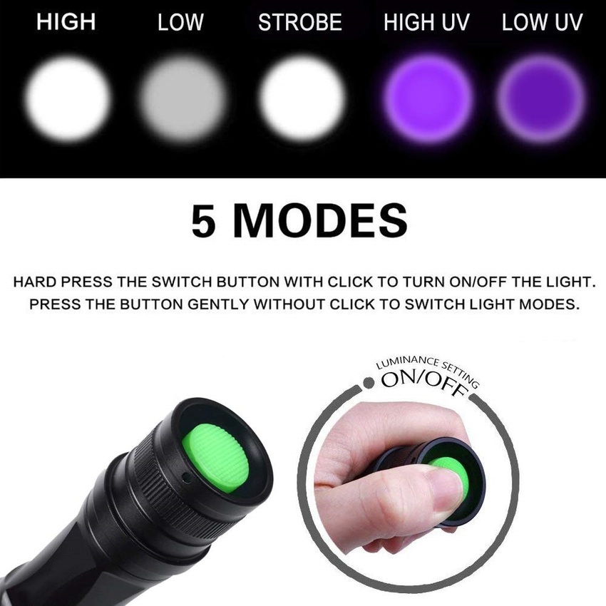 2 IN 1 Attack Head 5 Modes 395nm Multi-Function Zoom LED Tactical Torch UV Flashlight Portable Super Bright Excluding battery