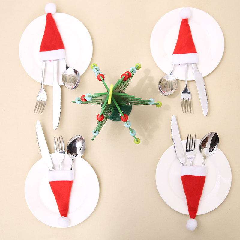 1pcs Christmas Hat Cutlery Bag Candy Gift Bag Cute Pocket Fork And Knife Holder Table Dinner Decoration Santa Claus Hat