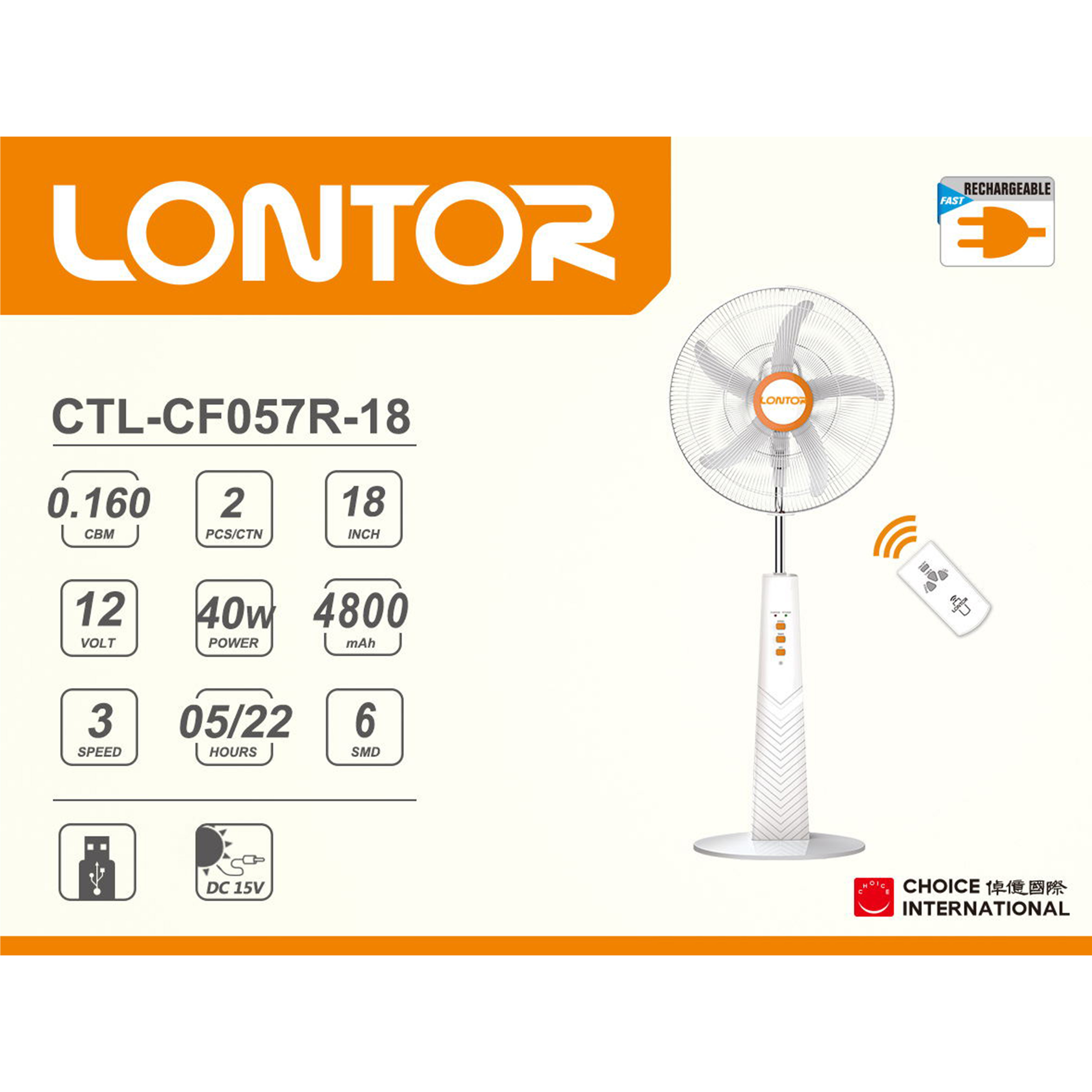 LONTOR Rechargeable Multifunction Standing Fan CF057R-18