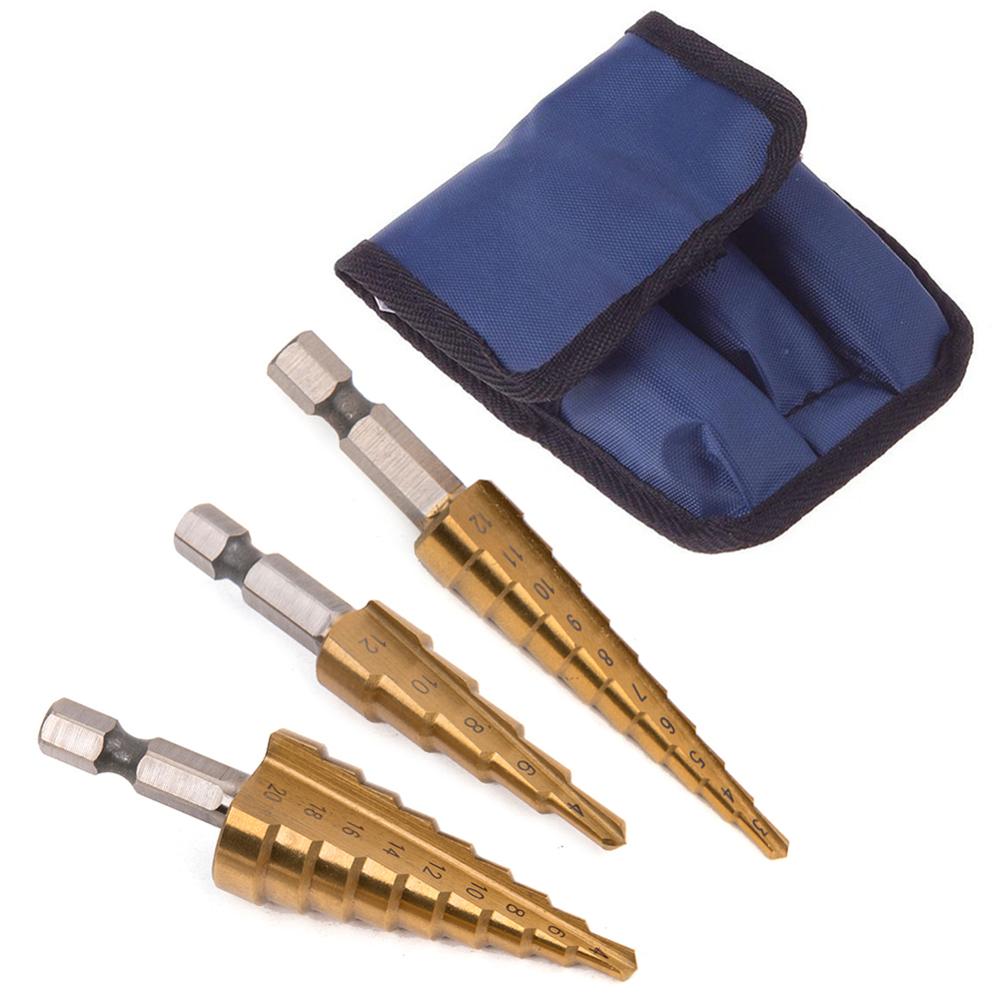 3pcs HSS Steel Titanium Step Drill Bits 3-12mm 4-12mm 4-20mm Step Cone Cutting Tools Steel Woodworking Wood Metal Drilling Set