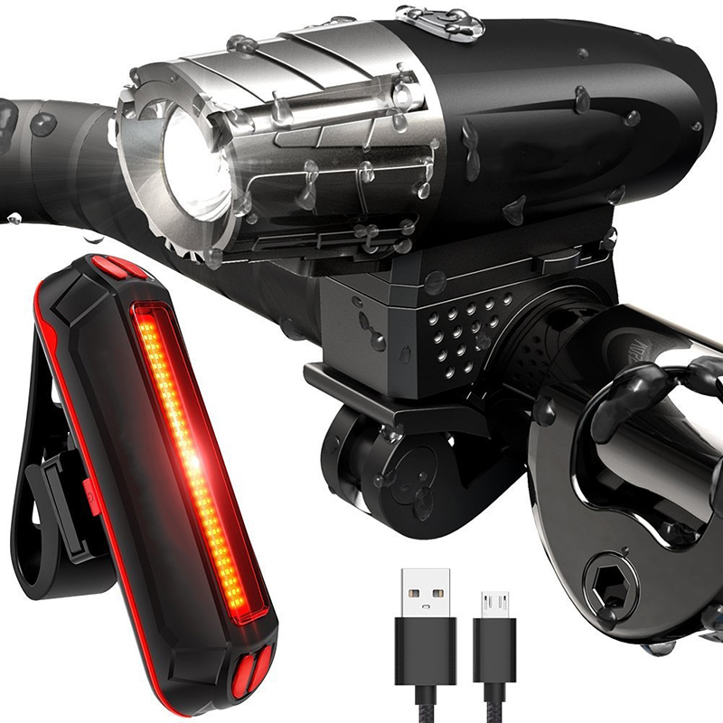 USB Rechargeable Bike Light Set Powerful Lumens Bicycle Headlight Free Tail Light, LED Front and Back Rear Lights