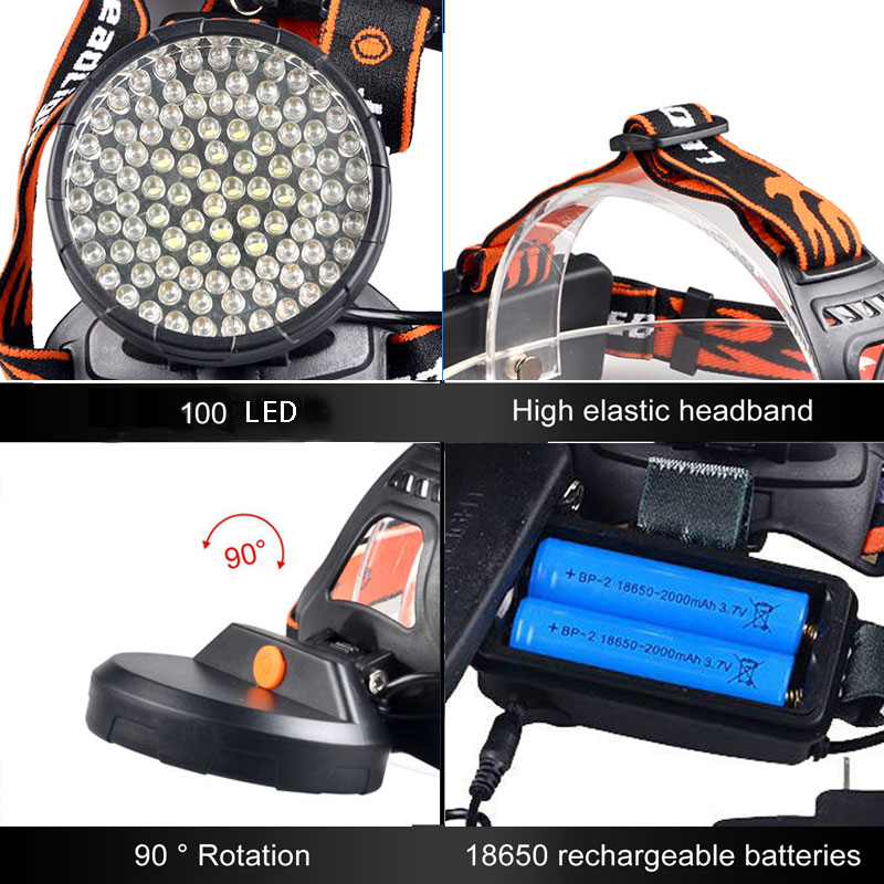 Miner Flash light 4 modes Ultraviolet Led Blacklight Rechargeable 100 Led UV Headlamp