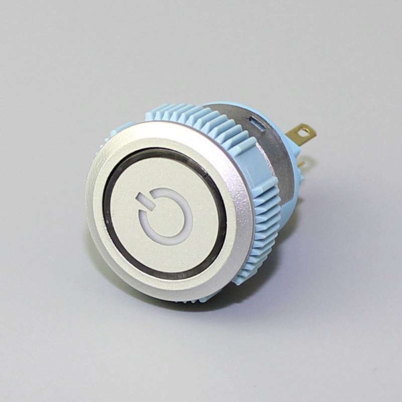 22mm Flat Button Ring Illuminated Power Logo SPDT Momentary IP67 Silver Color Plastic Push Button Switch