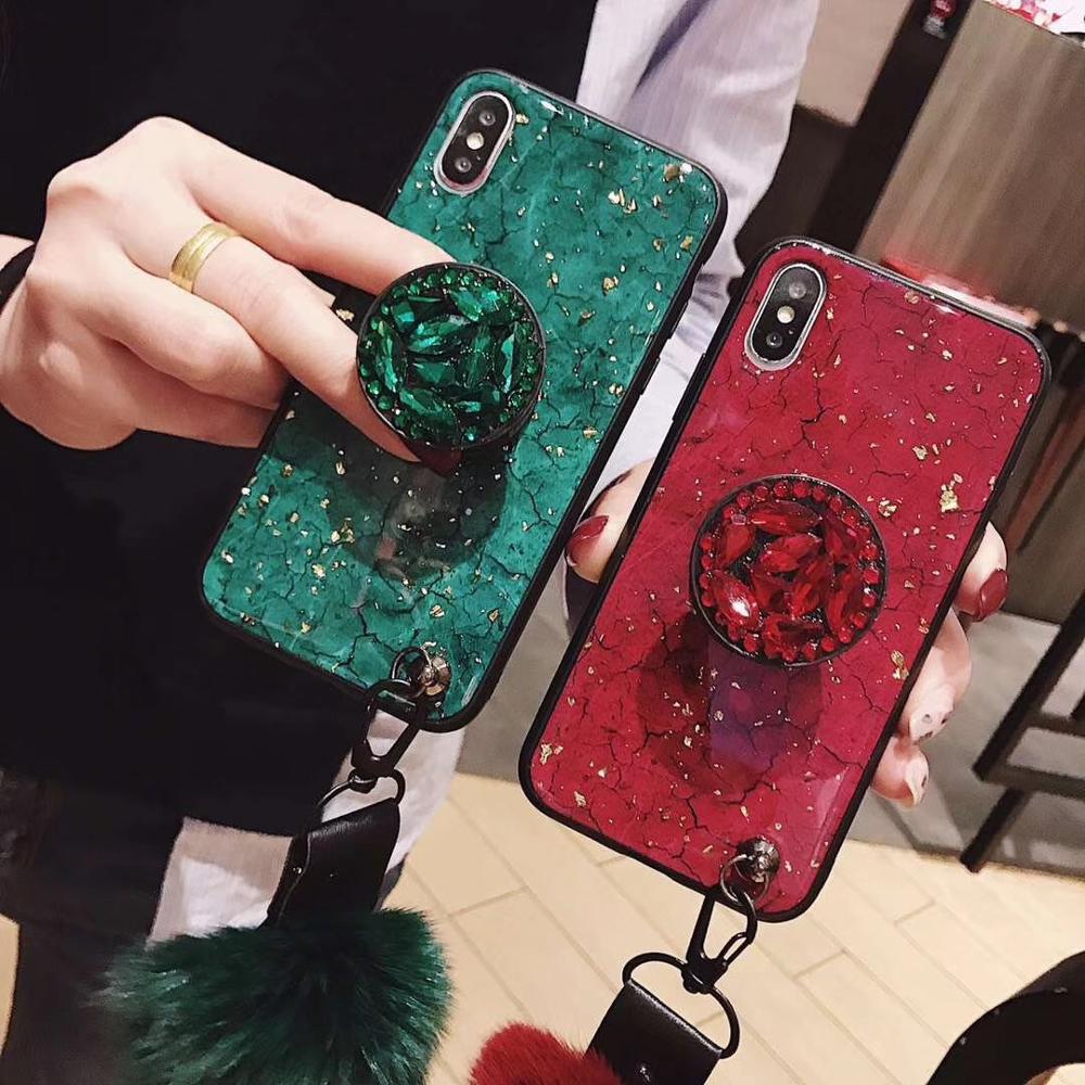 Crack Diamond Holder Phone Case with Furry for iPhone Xr Xs Max for Samsung Galaxy S9 Case Fur Ball