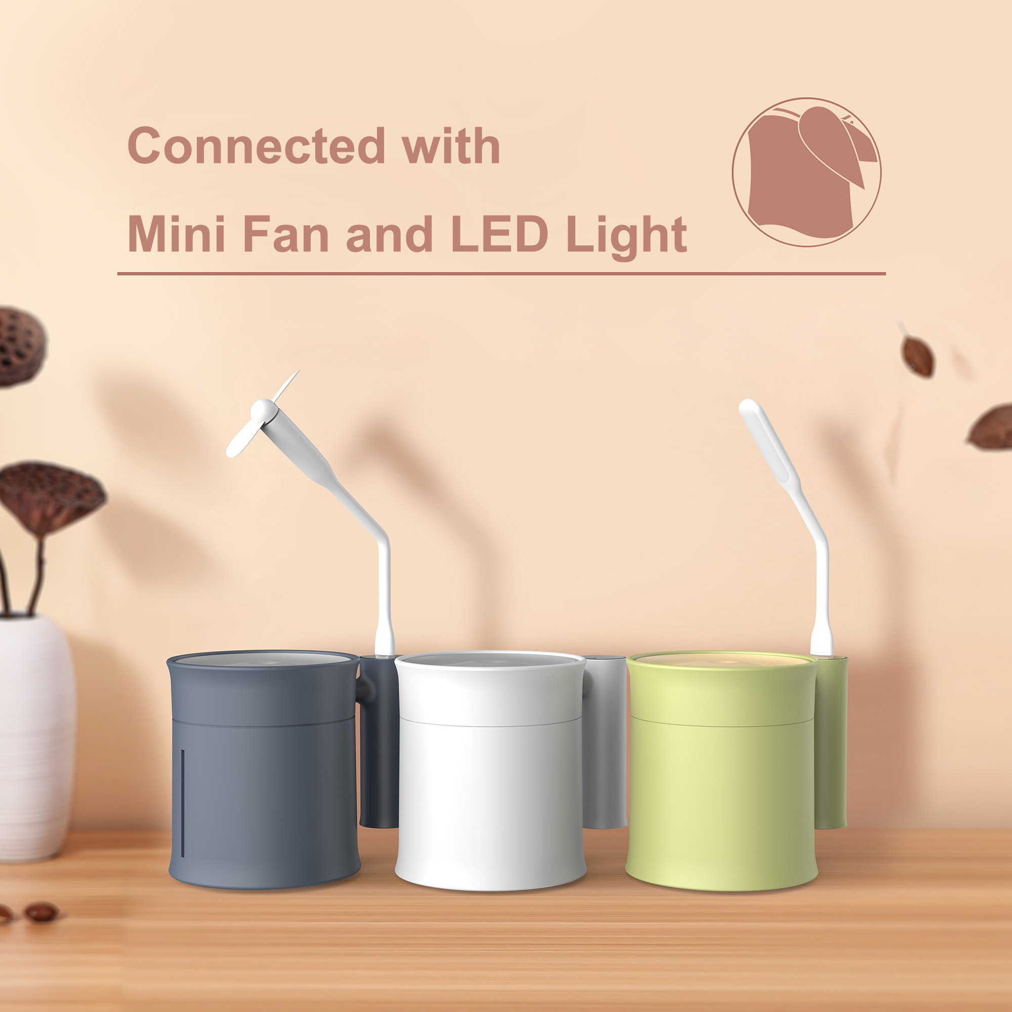 350ml Bamboo Tube Design Ultrasonic Personal USB Car Humidifier with Mini Fan and Mini LED Light