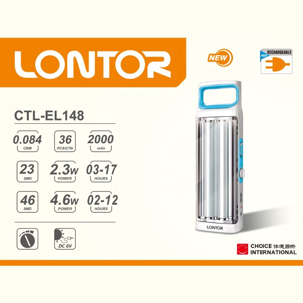 LONTOR rechargeable multi functional emergency light with dual tubes       EL148