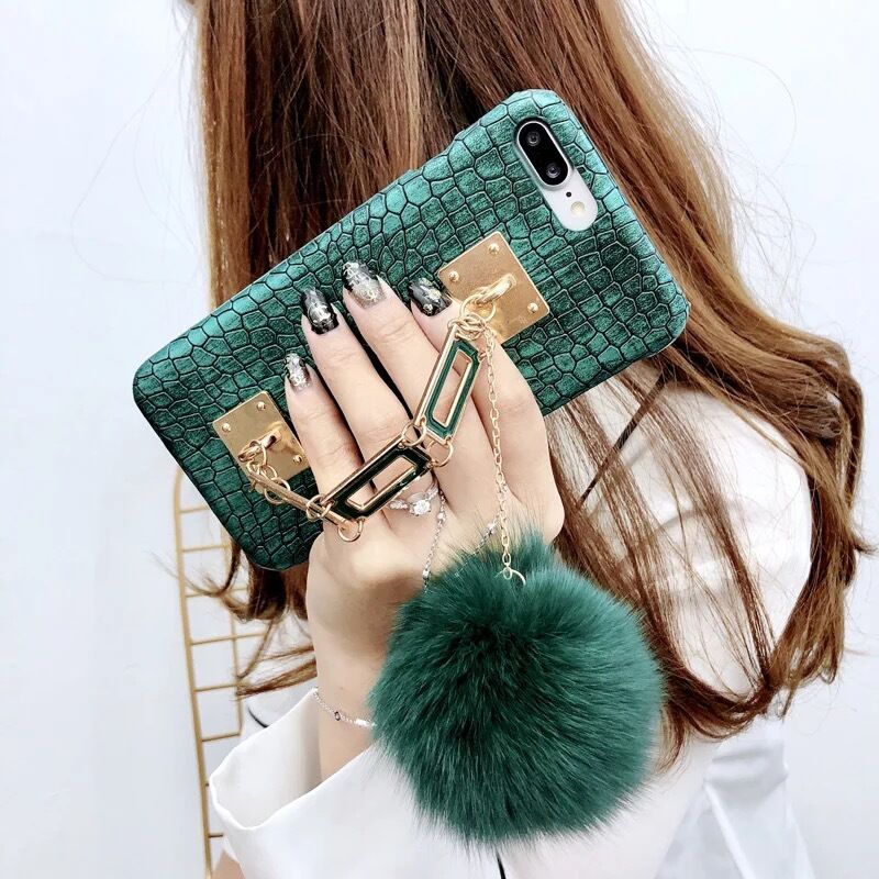 Metal Chain Bracelet Alligator Crocodile Phone Leather Back Case for iPhone 8 7 6 plus for Apple iPhone 8 Case Fur Ball