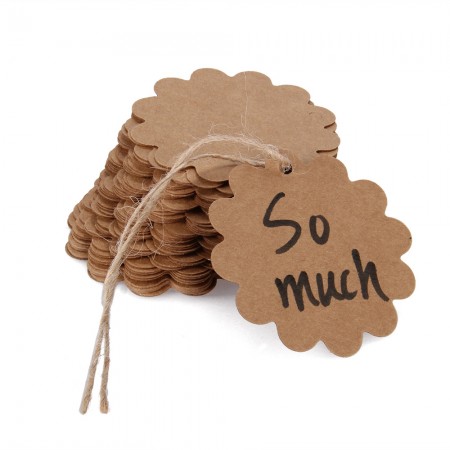 50pcs Brown Blank Kraft Paper Card Wedding Scallop Gift Tags + Free Twines