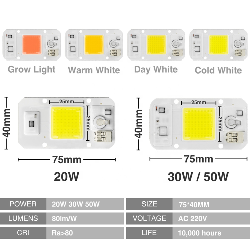 Best Selling Factory price 50w High Power Dimmable COB LED Full Spectrum Grow Light Chips with day white cold white warm white