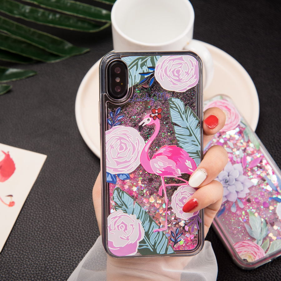 For iPhone X Glitter Liquid Phone Case Flamingo , Succulent Soft TPU Bumper Quicksand Case for iPhone X 10