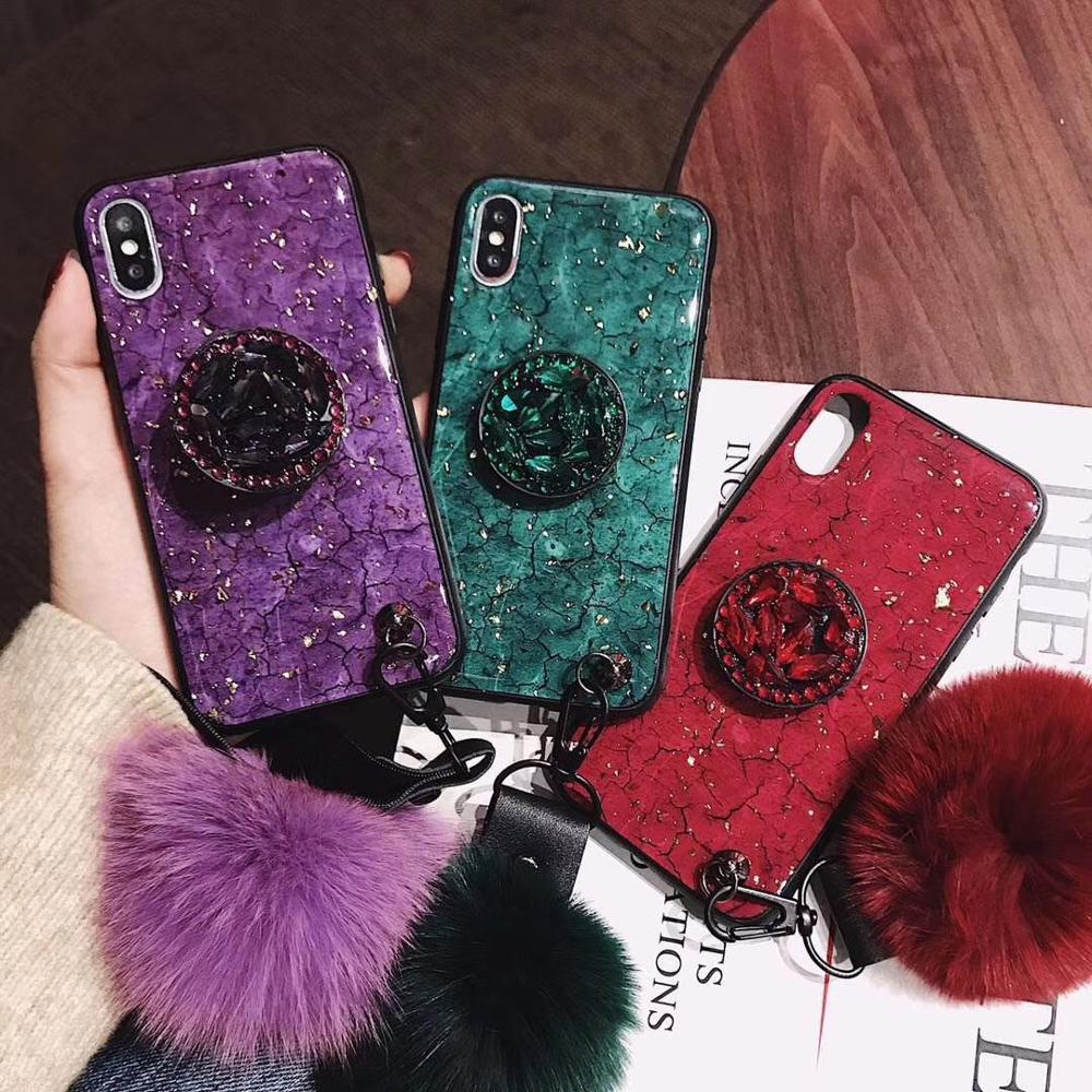 Sparkle Case Cover for iPhone 7 Plus , Marble Cover with Rabbit Fur Hairball Phone Case for iPhone Xs Max Xr