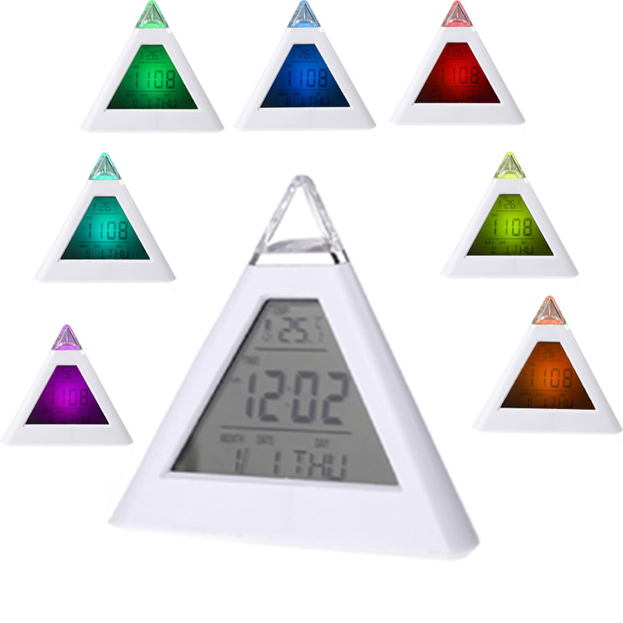 New 7 LED Color Pyramid Digital LCD Alarm Clock Thermometer PTSP Desktop Table Clocks Weather Station Digital LCD Alarm Clock