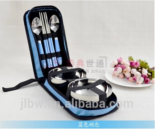 High quality 304 stainless steel travel cutlery set with spoon chopsticks bowls for two people