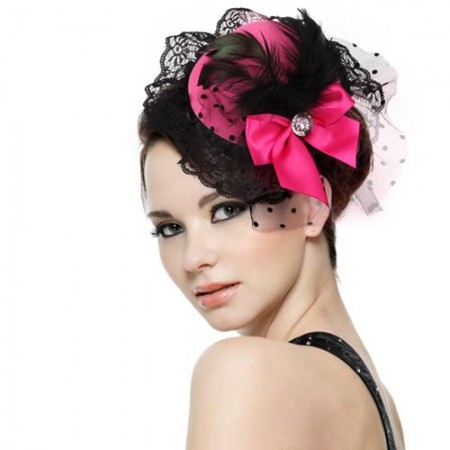 Feather Bow Hair Clip Lace Pink Mini Top Hat Party Lolita Cosplay Goth