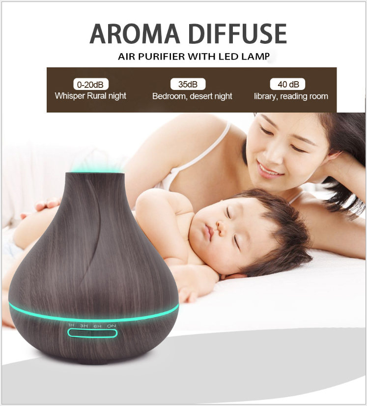 Wholesale 300ml Dark Wood Grain Ultrasonic Essential Oil Diffuser with colorful LED light Help Babies Sleep Better