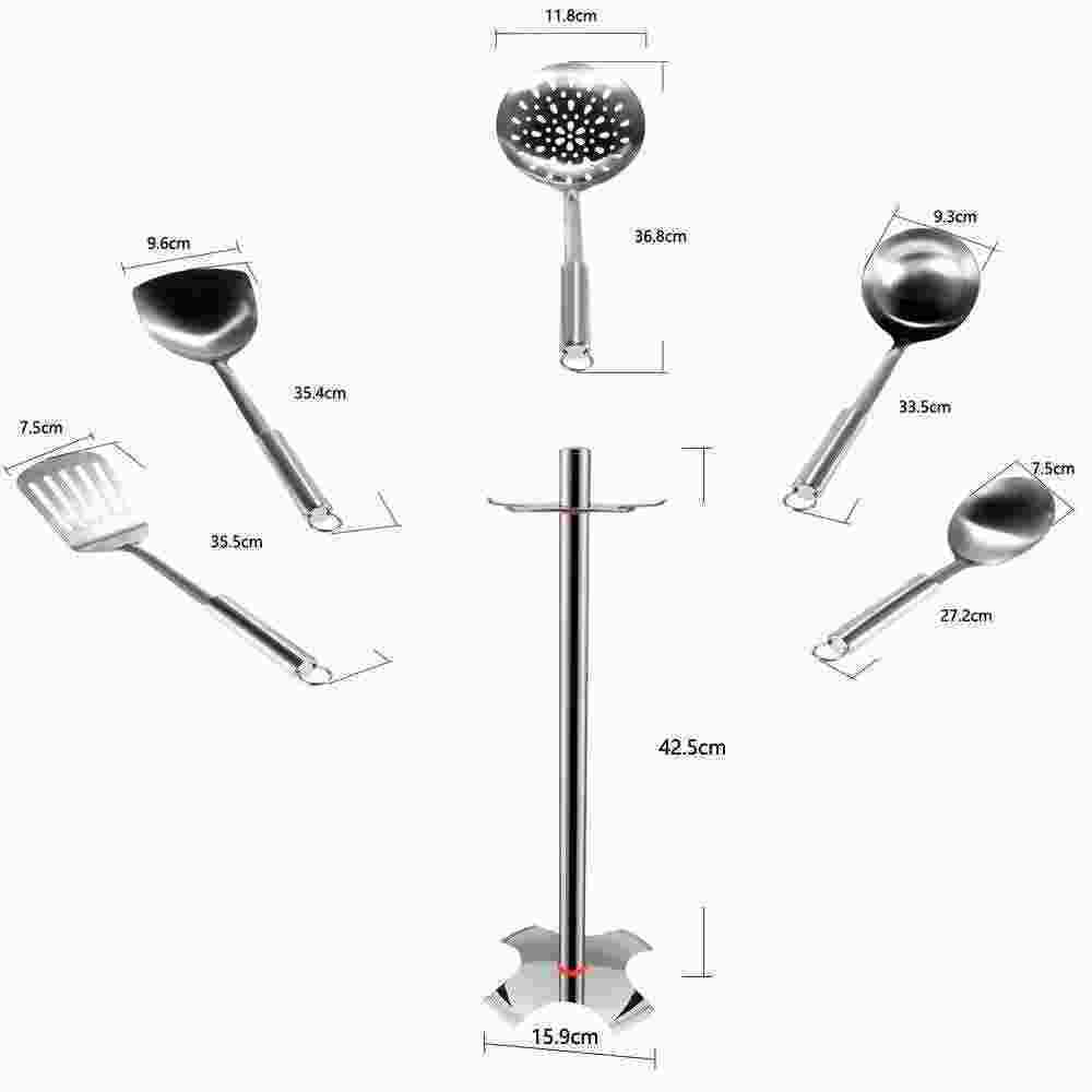 6pcs/set Luxury Solid Durable Stainless Steel kitchen Utensil Set Kitchen Gadget with Stand Cooking Utensils Spatula Spoon