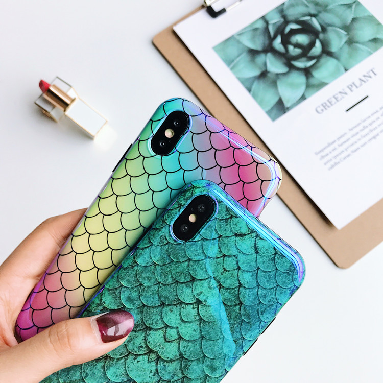 Phone Case with Reflective Blue Ray for iPhone 8 Plus , Green Mermaid Fish Scale Case Cover For iPhone X