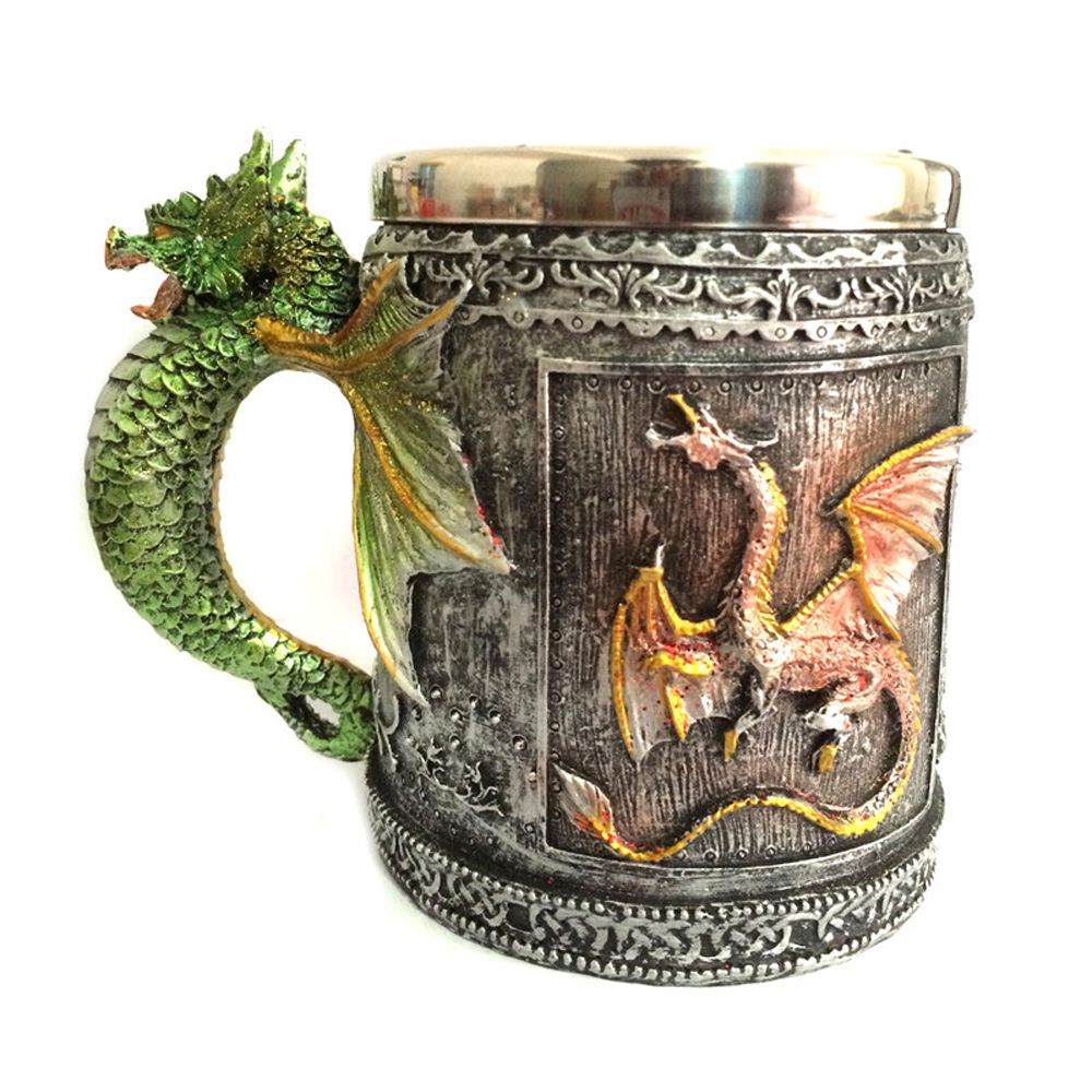 Resin Mugs Stainless Steel Fly Dragon Drinking Mug 3D Dragon Spine Tankard Medieval Royal Vintage Coffee Copo Birthday Gift