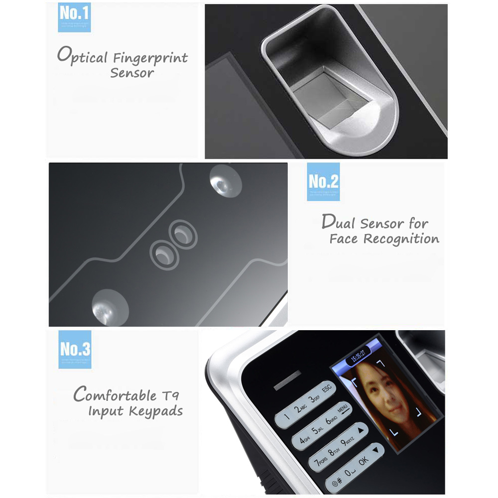 2.4 TFT Fingerprint Face Recognition Attendance Machine Time Clock Recorder Employee Check-in Reader USB Support UK/EU/US Plug