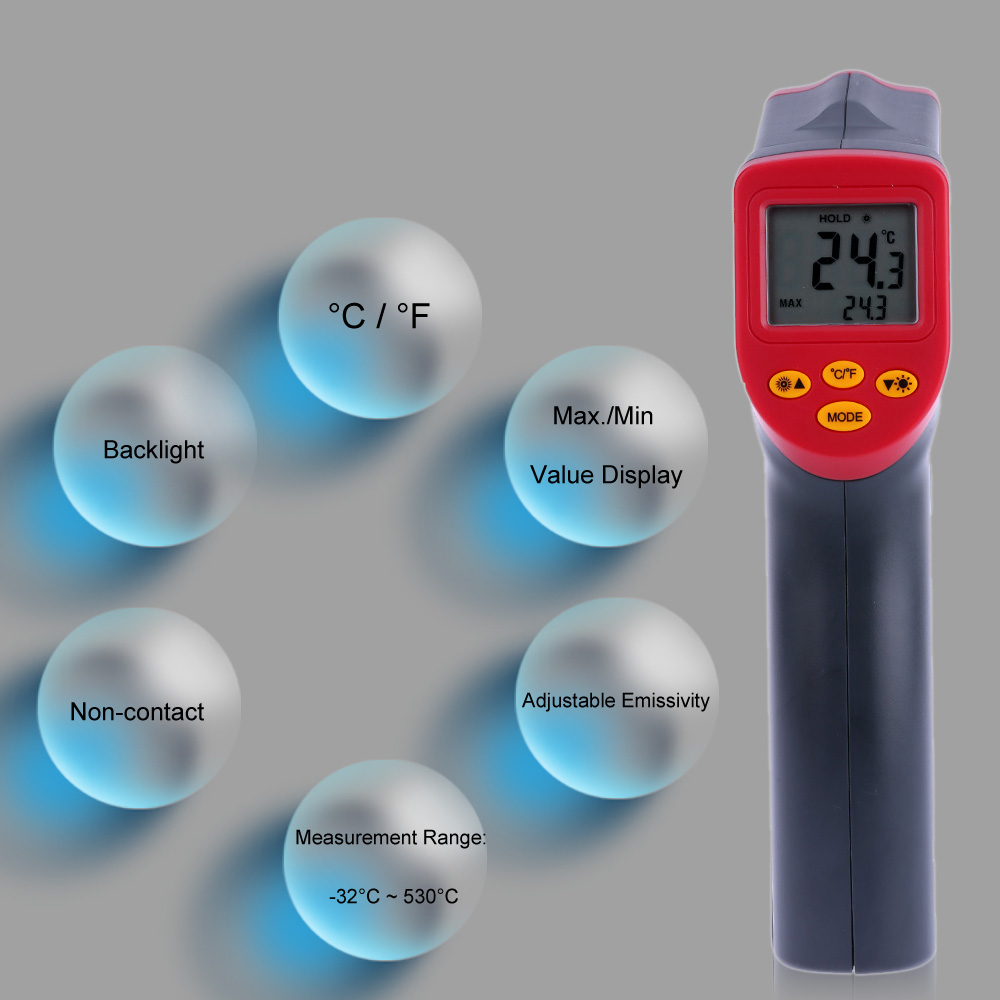 Handheld Digital Infrared IR Thermometer Non-contact Temperature gauge Tester Pyrometer LCD Display with Backlight-32~530Degrees