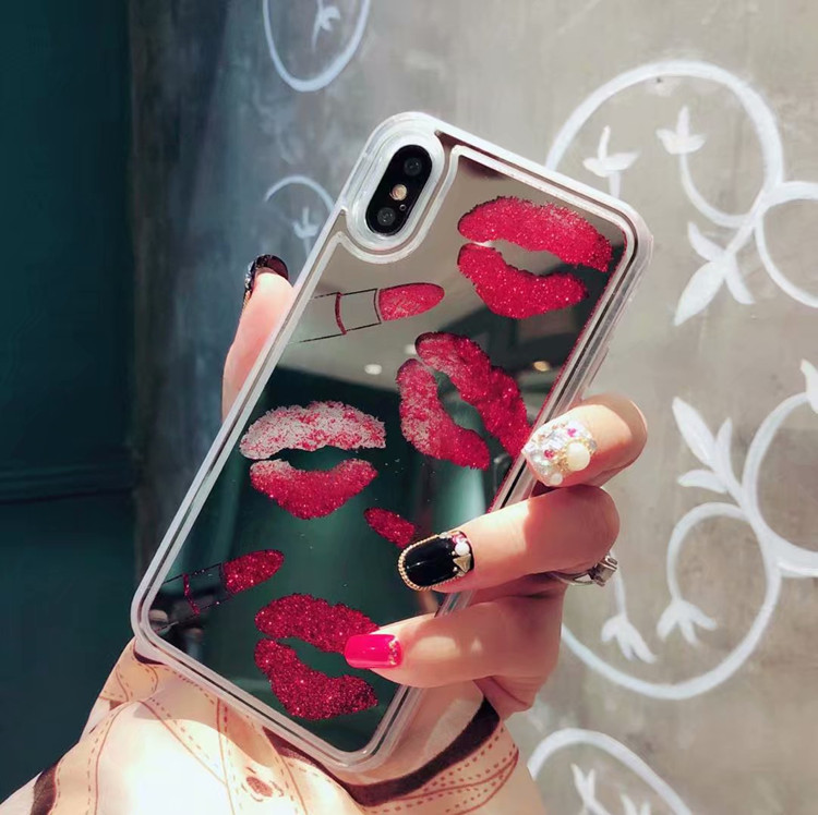 Pretty Red Lips Mirror Quicksand Phone Case For iPhone X 8 7 6s plus , for iPhone 8 Plus Glitter Liquid Phone Case Lipstick