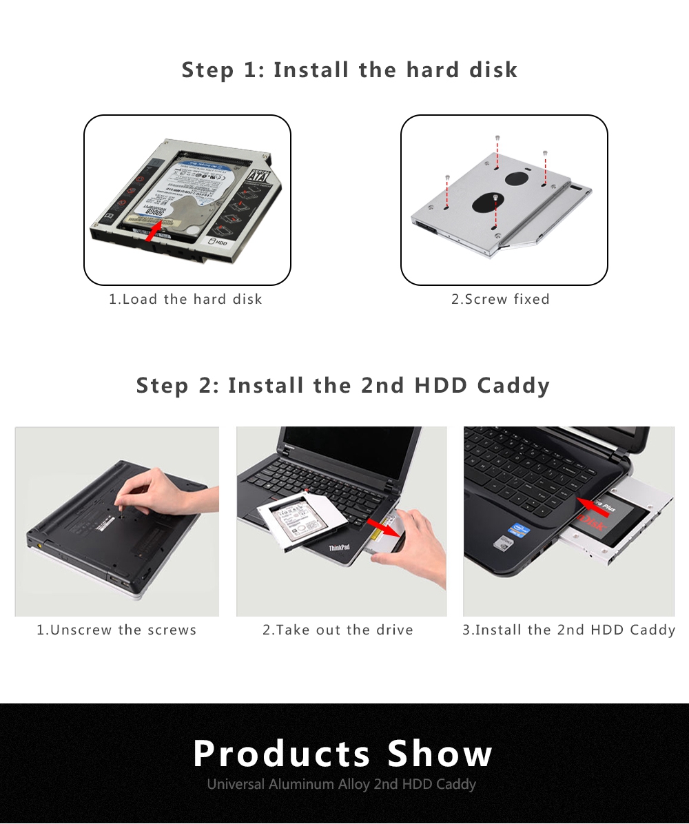 2nd HDD Caddy 12.7mm Universal aluminum alloy SATA To 2.5 SSD Case
