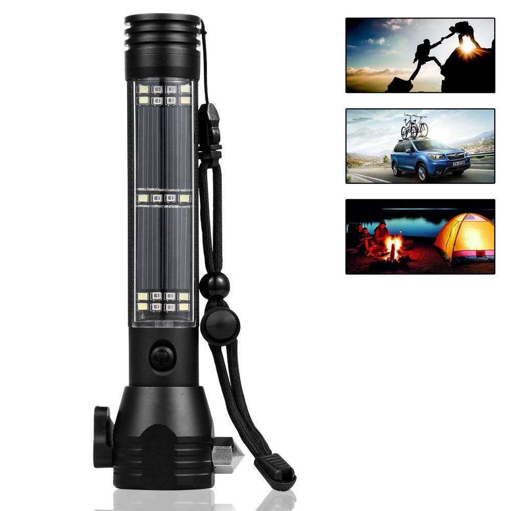 Multi-function Car Emergency Escape Solar Safety Hammer LED Torch flashlight Rechargeable Power Bank Emergency  Flashlight