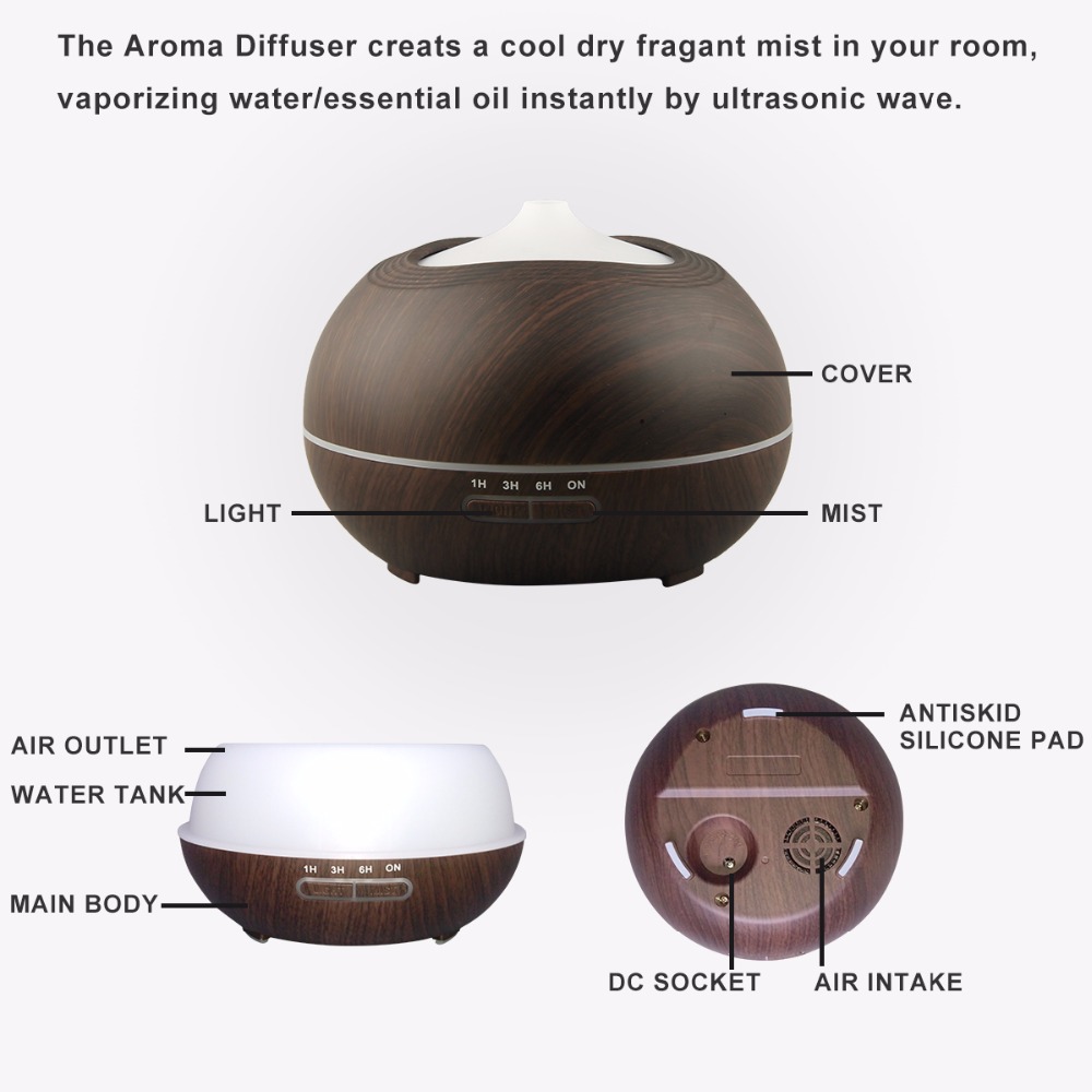 400ml Wood Grain Ultrasonic Aroma Diffuser Cool Mist Humidifier with Auto Shut Off, 7 LED Colors and Adjustable Mist Mode