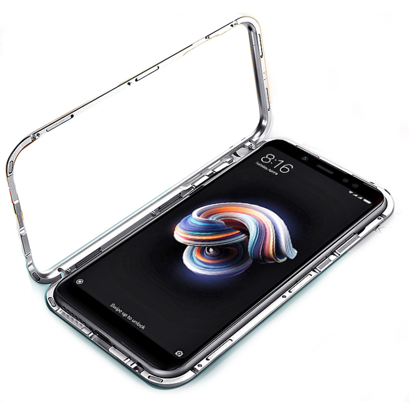 explosion Single-side Glass Magnetic cover For Xiaomi Redmi Note5pro Metal frame flip phone case