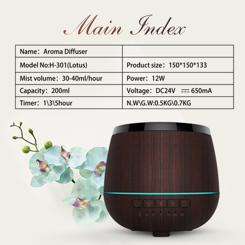 Amazon Best Sale 200ml woodgrain Bluetooth Aroma Diffuser