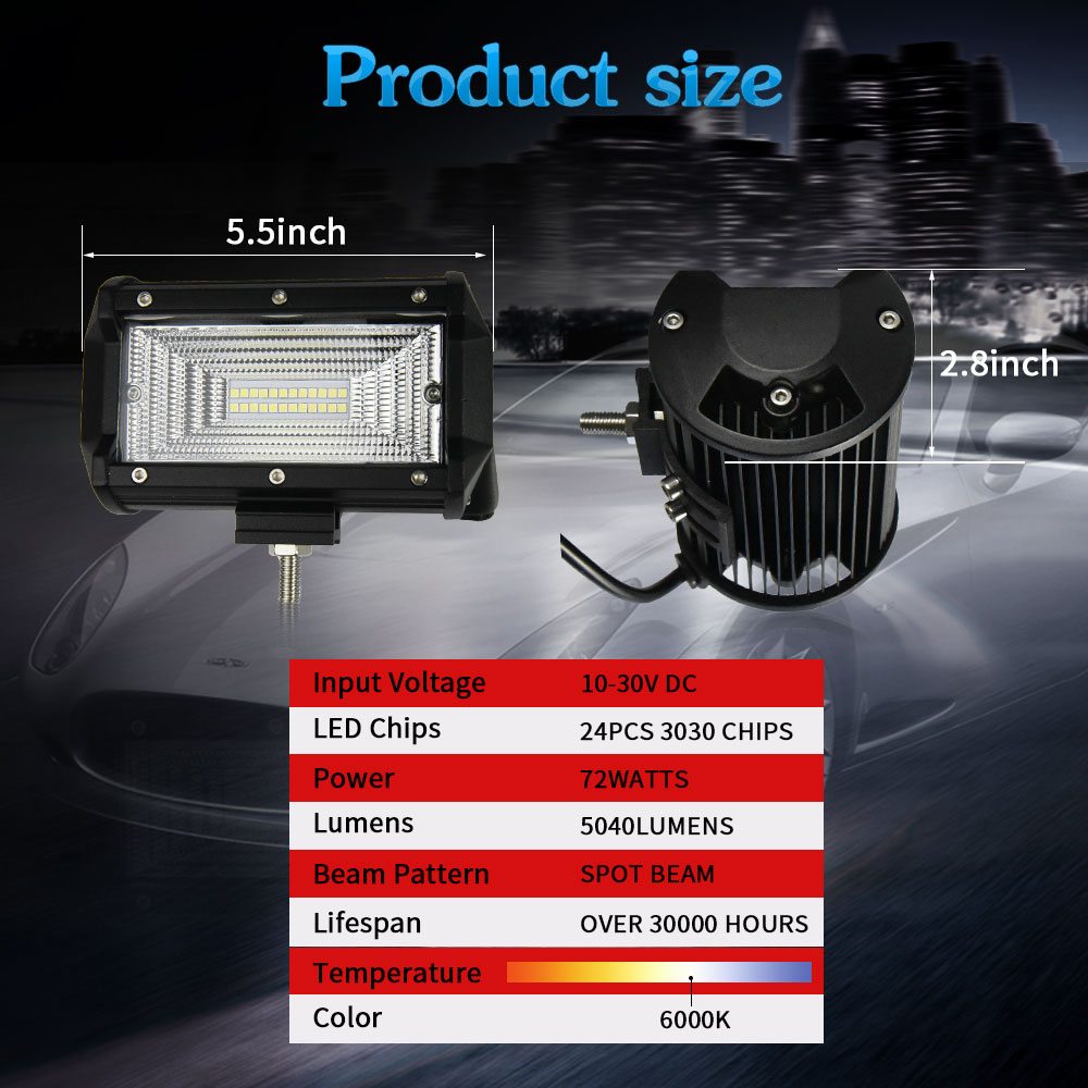 Wholesale  5Inch 72w  Led work Light  Bright Flood spot Led Light Bar auto car light