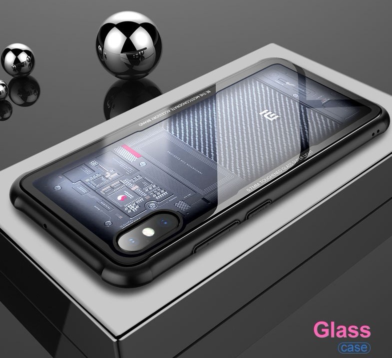 Clear 9H Tempered Glass back Cover Phone Case for Xiaomi mi 8 TPU frame