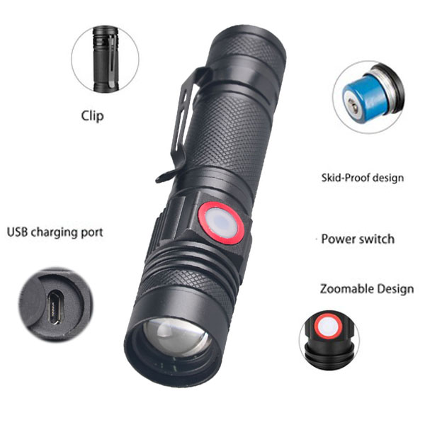 Aluminum Shockproof T6 Led Flashlight Zoomable Portable Rechargeable Usb Charging