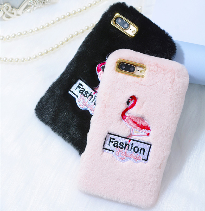 For iPhone 8 Plus fur Case , Flamingo Rabbit Hair  Fuzzy Furry Phone Case for iPhone XS Max XR