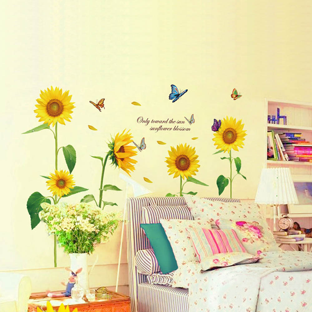 wholesale Sunshine Sunflower wall stickers living bedroom decorations diy flowers pvc home decals mural arts poster