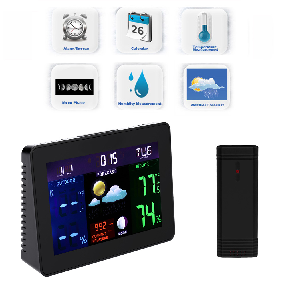 Digital LCD Wireless Weather Station Clock Alarm Electronic Indoor Outdoor Thermometer Hygrometer Calendar Moon Phase Display